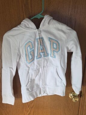 GAP White Zip-Up Hoodie with Light Blue & Tan Logo